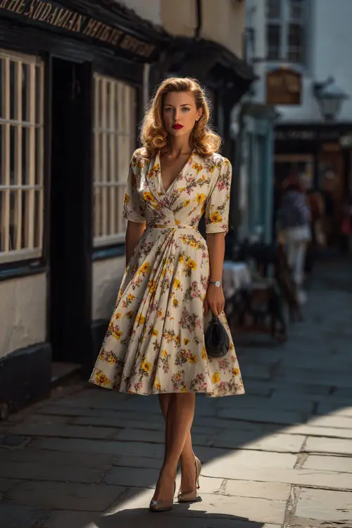 A woman wearing a classic 1950s tea-length swing dress with a fitted waist and full skirt, paired with pointed-toe heels and a small handbag