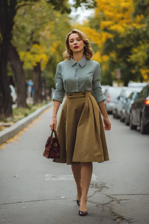 A woman wearing a classic A-line skirt with a fitted blouse tucked in, styled with low heels and a vintage handbag, walking along a tree-lined city street in autumn 