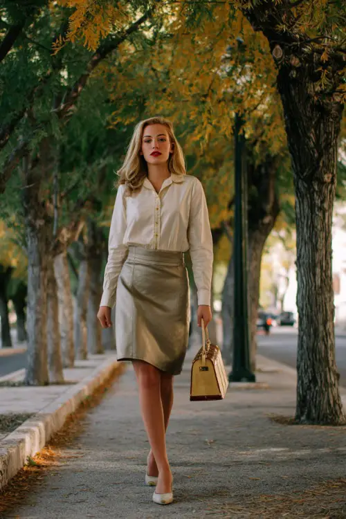 A woman wearing a classic A-line skirt with a fitted blouse tucked in, styled with low heels and a vintage handbag, walking along a tree-lined city street in autumn