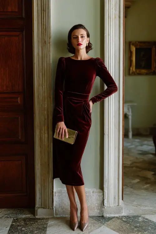 A woman wearing a classic vintage-inspired velvet midi dress with long sleeves and a defined waist, styled with pointed-toe heels and a structured clutch