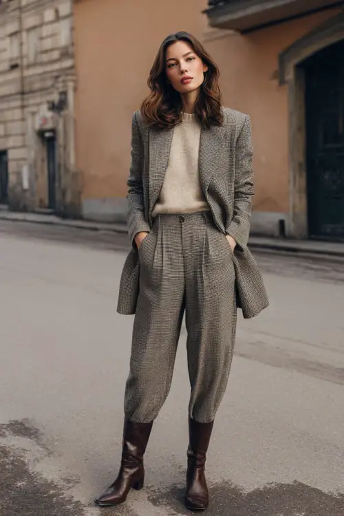 A woman wearing a classic wool blazer layered over a knit top and high-waisted trousers, styled with leather boots and gloves, standing on a winter city street with muted tones 