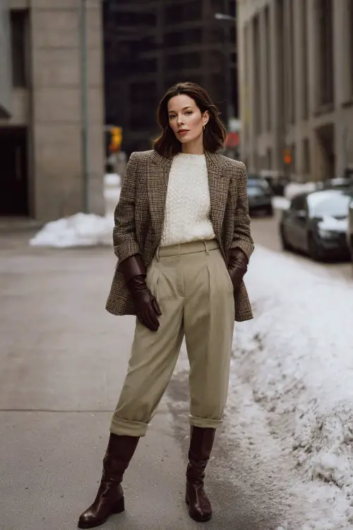 A woman wearing a classic wool blazer layered over a knit top and high-waisted trousers, styled with leather boots and gloves, standing on a winter city street with muted tones