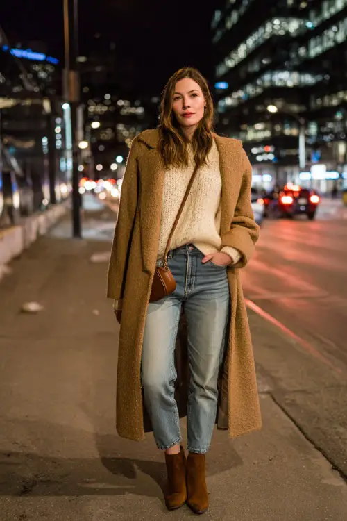 A woman wearing a cozy knit sweater tucked into straight-leg jeans, layered with a long wool coat and styled with ankle boots and a leather shoulder bag 