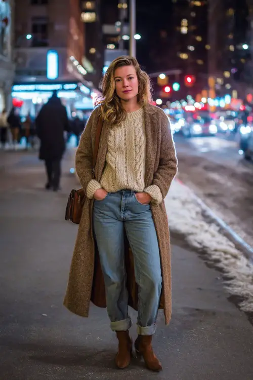 A woman wearing a cozy knit sweater tucked into straight-leg jeans, layered with a long wool coat and styled with ankle boots and a leather shoulder bag