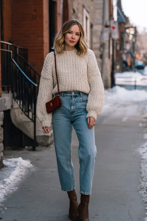 A woman wearing a cozy vintage-inspired knit sweater tucked into high-waisted straight-leg jeans, styled with ankle boots and a leather crossbody bag 