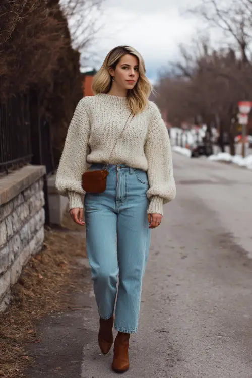 A woman wearing a cozy vintage-inspired knit sweater tucked into high-waisted straight-leg jeans, styled with ankle boots and a leather crossbody bag