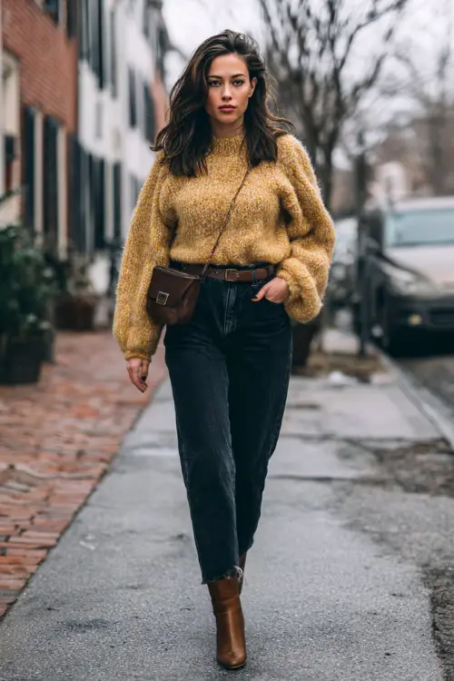 A woman wearing a cozy vintage-inspired knit sweater tucked into high-waisted straight-leg jeans, styled with ankle boots and a leather crossbody bag