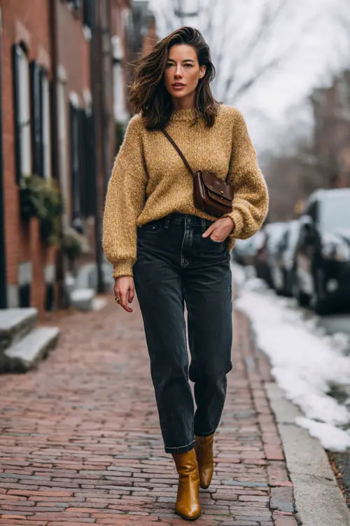 A woman wearing a cozy vintage-inspired knit sweater tucked into high-waisted straight-leg jeans, styled with ankle boots and a leather crossbody bag