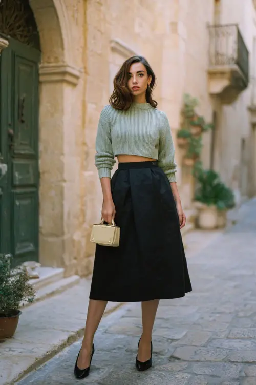 A woman wearing a cropped vintage-inspired knit sweater paired with a high-waisted full midi skirt, styled with classic heels and a small structured handbag
