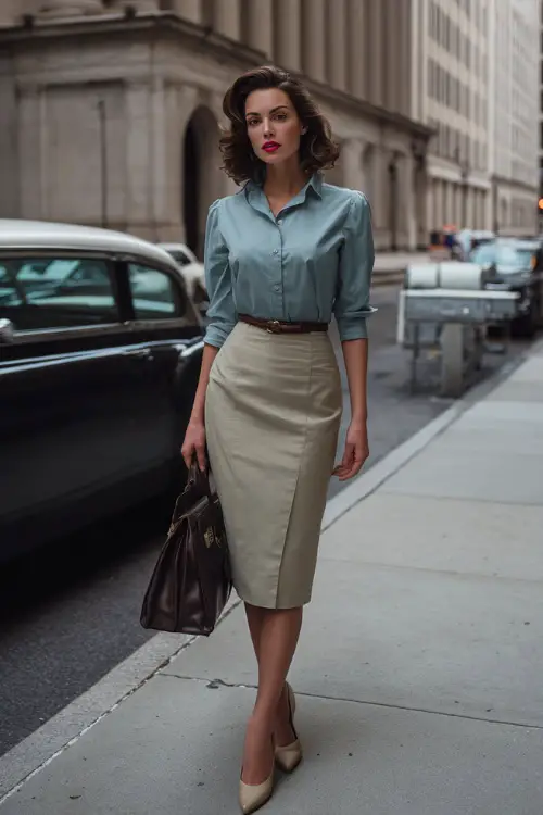 A woman wearing a fitted pencil skirt with a tucked-in blouse and a thin waist belt, paired with classic pumps and a structured handbag, standing on a 1950s-inspired city sidewalk