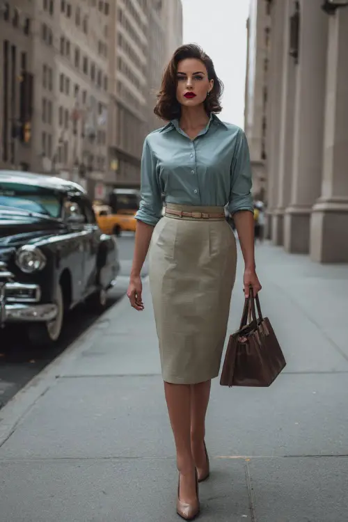 A woman wearing a fitted pencil skirt with a tucked-in blouse and a thin waist belt, paired with classic pumps and a structured handbag
