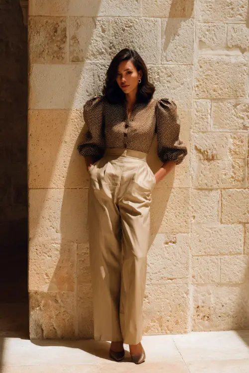A woman wearing a fitted vintage blouse with puffed sleeves tucked into high-waisted wide-leg trousers, styled with heeled shoes and minimal jewelry 