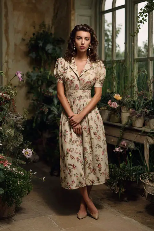 A woman wearing a floral midi dress with a defined waist and short sleeves, accessorized with pearl earrings and low heels, posing in a garden-inspired vintage setting 