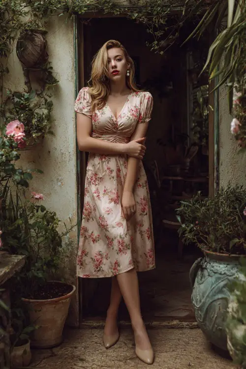 A woman wearing a floral midi dress with a defined waist and short sleeves, accessorized with pearl earrings and low heels, posing in a garden-inspired vintage setting 