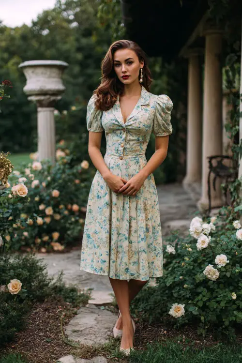 A woman wearing a floral midi dress with a defined waist and short sleeves, accessorized with pearl earrings and low heels, posing in a garden-inspired vintage setting