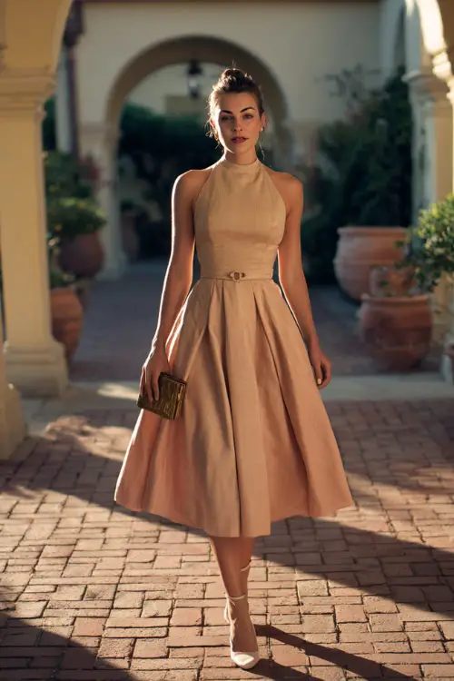 A woman wearing a formal vintage-inspired tea-length dress with a structured waist and flowing skirt, styled with ankle-strap heels and a clutch 