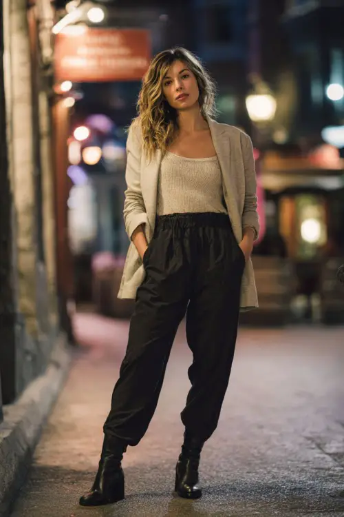 A woman wearing a knit top paired with tailored pants, layered with a relaxed blazer and ankle boots, standing in a casual winter nightlife setting