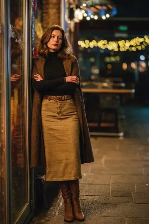A woman wearing a long-sleeve top tucked into a midi skirt, layered with a warm coat and styled with ankle boots, standing outside a bar or lounge on a winter evening 