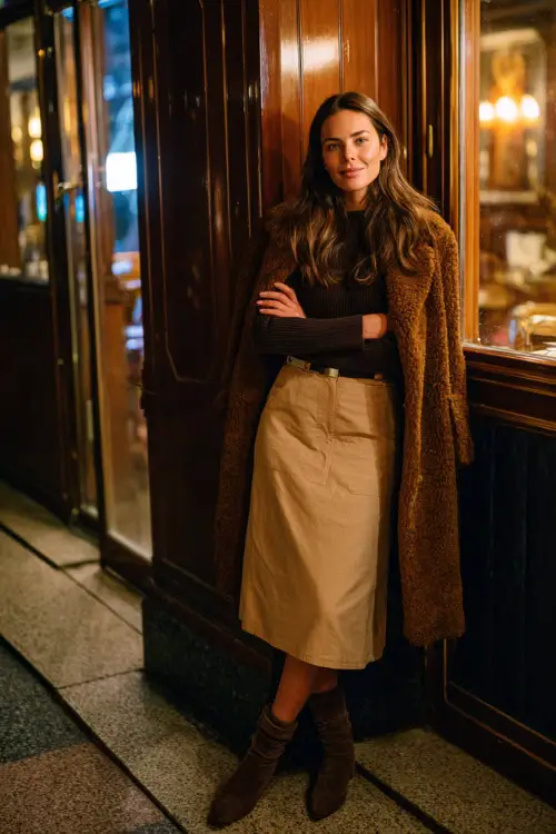 A woman wearing a long-sleeve top tucked into a midi skirt, layered with a warm coat and styled with ankle boots, standing outside a bar or lounge on a winter evening