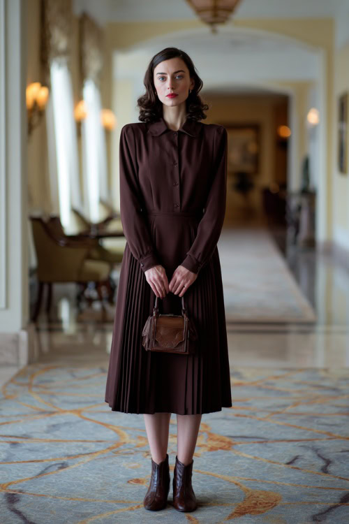 A woman wearing a long-sleeve vintage dress with subtle pleats and a modest neckline, styled with ankle boots and a small handbag