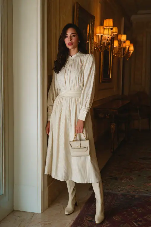 A woman wearing a long-sleeve vintage dress with subtle pleats and a modest neckline, styled with ankle boots and a small handbag