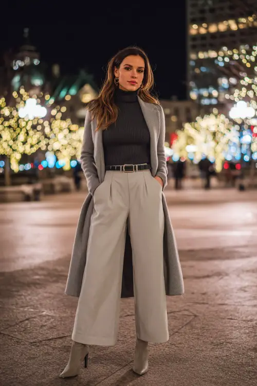 A woman wearing a monochrome winter outfit with a fitted turtleneck, wide-leg trousers, a long tailored coat, and heeled ankle boots, styled with minimal jewelry