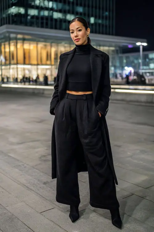 A woman wearing a monochrome winter outfit with a fitted turtleneck, wide-leg trousers, a long tailored coat, and heeled ankle boots