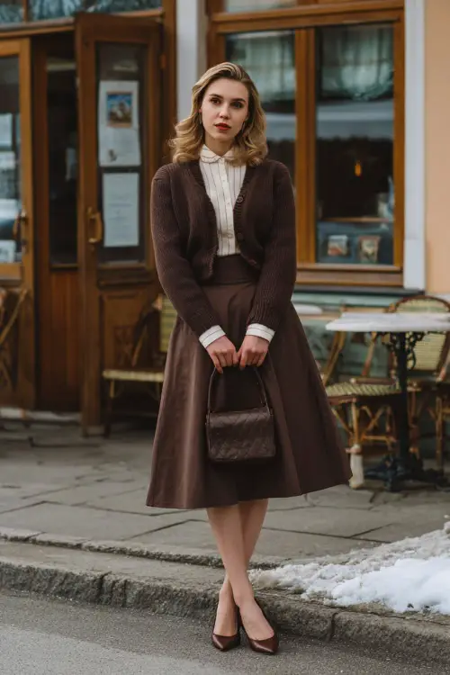 A woman wearing a polished vintage outfit featuring a wool cardigan layered over a blouse and midi skirt, styled with classic pumps and a structured bag 