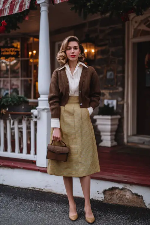 A woman wearing a polished vintage outfit featuring a wool cardigan layered over a blouse and midi skirt, styled with classic pumps and a structured bag