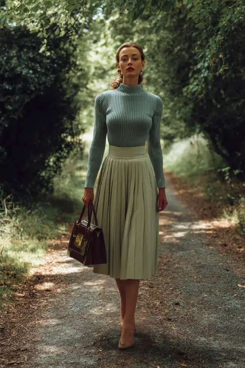 A woman wearing a fitted vintage blouse with puffed sleeves tucked into high-waisted wide-leg trousers, styled with heeled shoes and minimal jewelry 