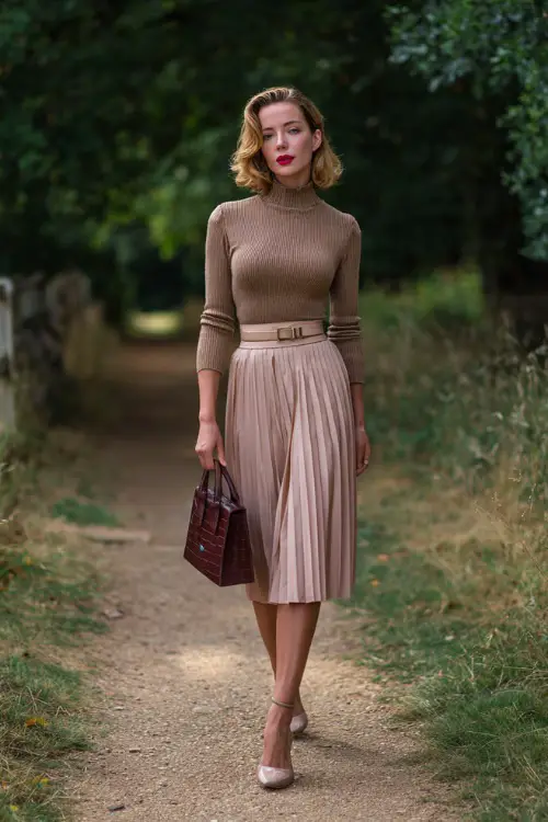 A woman wearing a refined vintage knit top with a pleated midi skirt and ankle-strap heels, accessorized with a structured handbag, walking through a quiet park path
