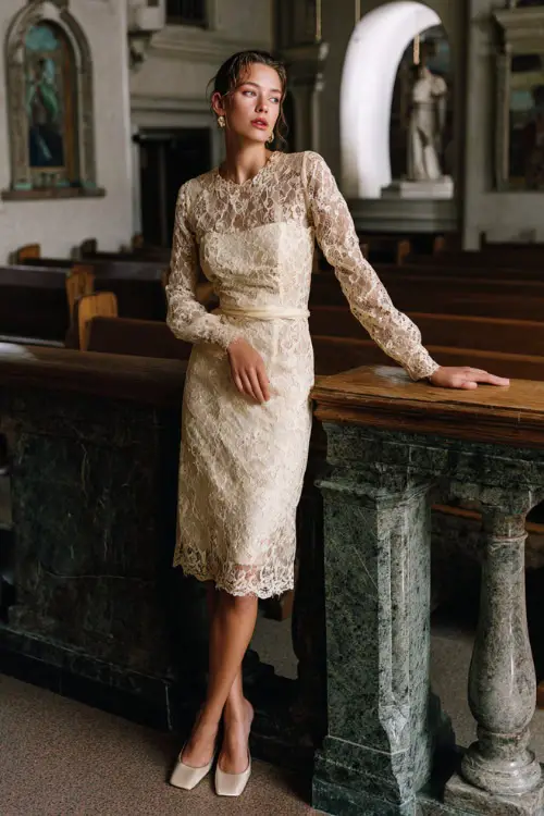 A woman wearing a refined vintage lace dress with long sleeves and a midi length, accessorized with classic heels and subtle jewelry, standing inside a historic venue