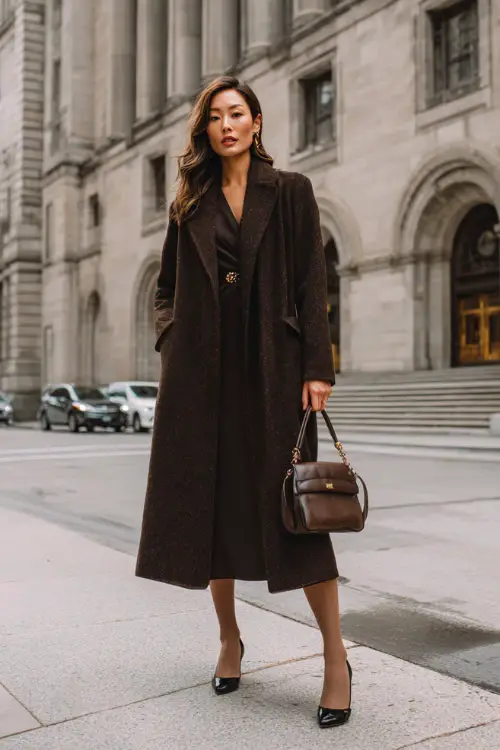 A woman wearing a refined vintage wool coat layered over a long-sleeve midi dress, styled with classic heels, tights, and a structured handbag, standing on an elegant winter city street
