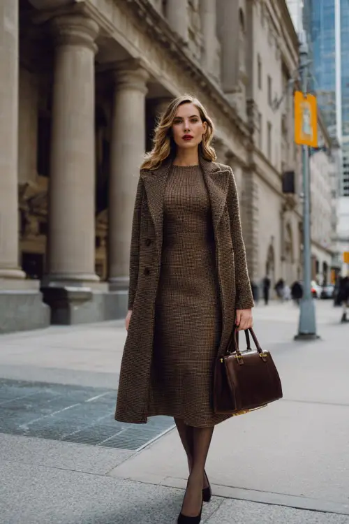 A woman wearing a refined vintage wool coat layered over a long-sleeve midi dress, styled with classic heels, tights, and a structured handbag