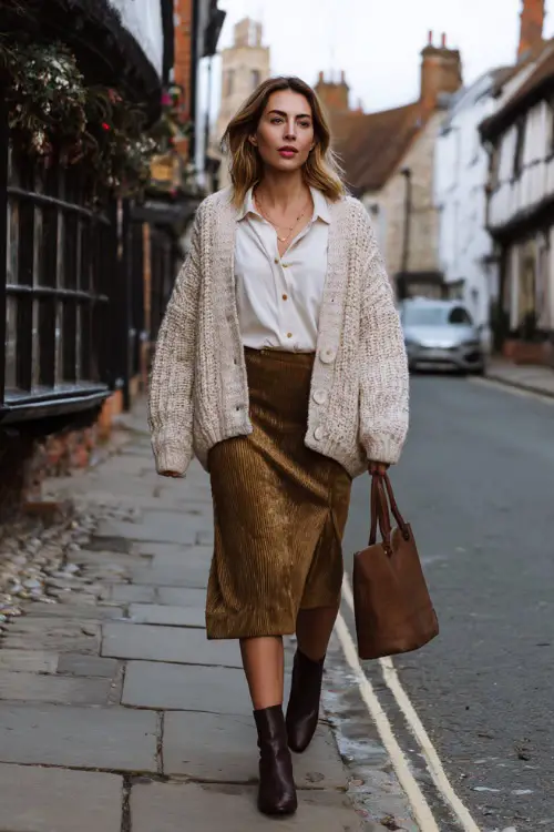 A woman wearing a relaxed vintage cardigan layered over a button-up shirt and midi skirt, styled with ankle boots and a casual handbag, walking through an old-town street in winter 