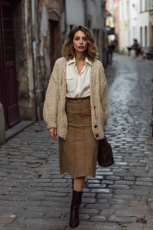 A woman wearing a relaxed vintage cardigan layered over a button-up shirt and midi skirt, styled with ankle boots and a casual handbag, walking through an old-town street in winter