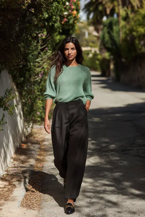 A woman wearing a relaxed vintage-inspired knit top with wide-leg trousers and loafers, walking through a leafy neighborhood street 