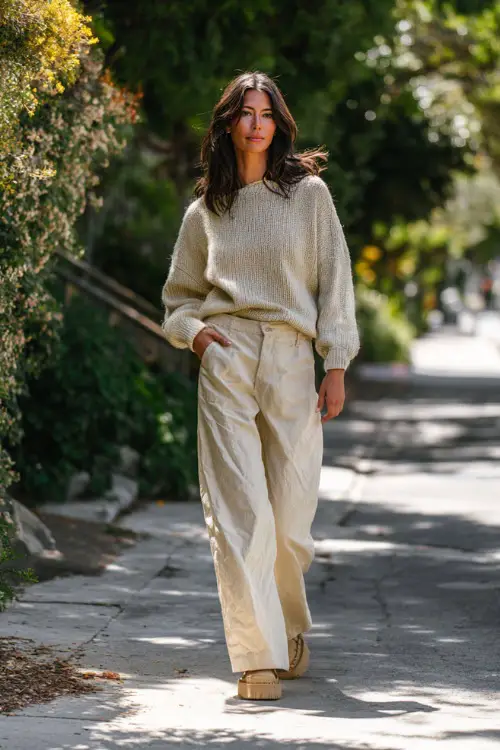 A woman wearing a relaxed vintage-inspired knit top with wide-leg trousers and loafers, walking through a leafy neighborhood street