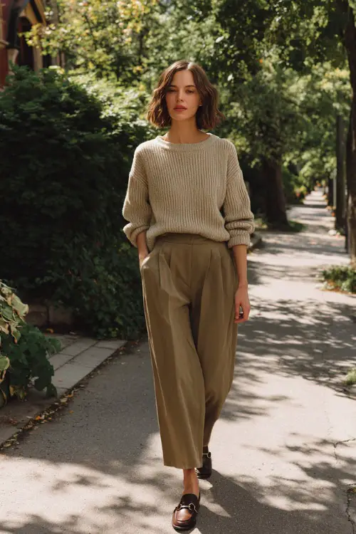 A woman wearing a relaxed vintage-inspired knit top with wide-leg trousers and loafers, walking through a leafy neighborhood street