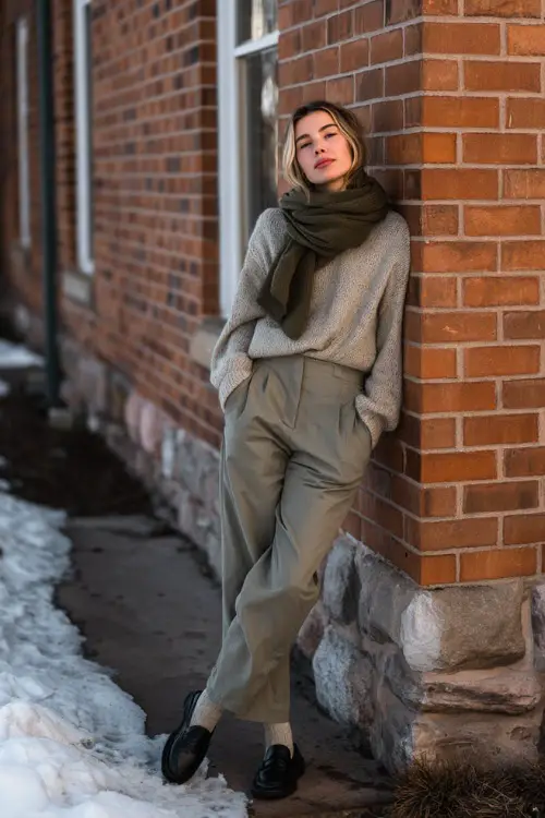 A woman wearing a relaxed vintage knit top paired with straight-leg trousers and loafers, accessorized with a scarf, standing near a brick building in winter light 