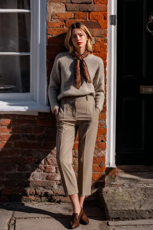 A woman wearing a relaxed vintage knit top paired with straight-leg trousers and loafers, accessorized with a scarf, standing near a brick building in winter light