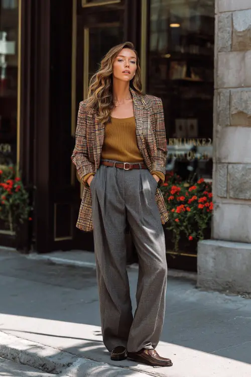 A woman wearing a retro blazer layered over a fitted top and wide-leg trousers, styled with loafers and a belt, standing in an urban street setting