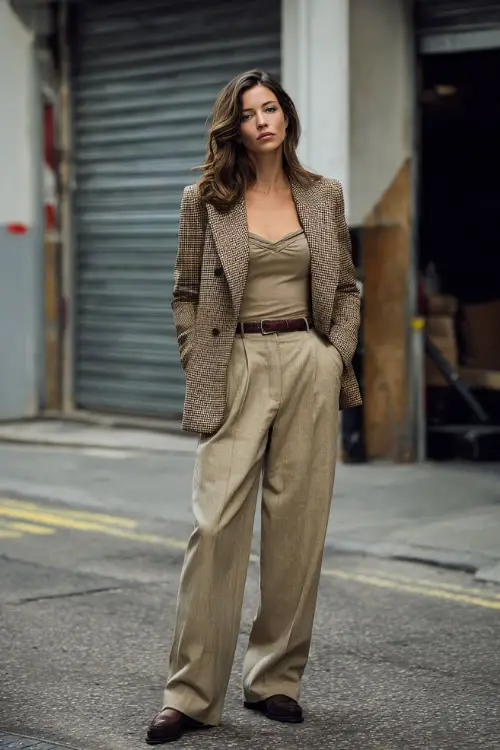 A woman wearing a retro blazer layered over a fitted top and wide-leg trousers, styled with loafers and a belt