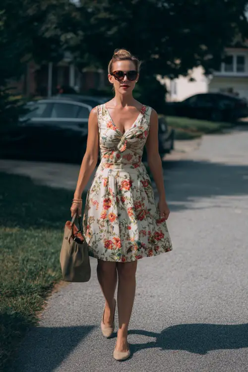 A woman wearing a retro floral vintage dress with a defined waist and flowing silhouette, styled with ballet flats and a structured bag, walking through a quiet neighborhood street