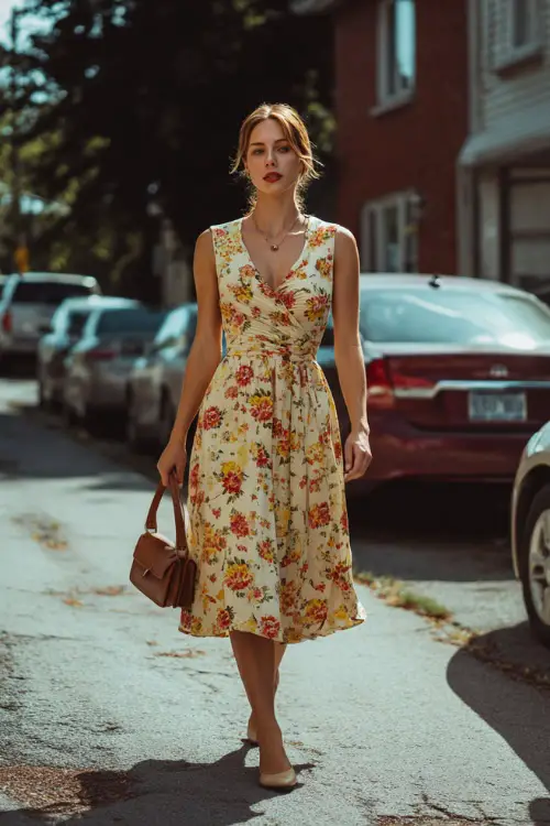 A woman wearing a retro floral vintage dress with a defined waist and flowing silhouette, styled with ballet flats and a structured bag, walking through a quiet neighborhood street 