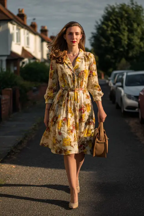 A woman wearing a retro floral vintage dress with a defined waist and flowing silhouette, styled with ballet flats and a structured bag, walking through a quiet neighborhood street