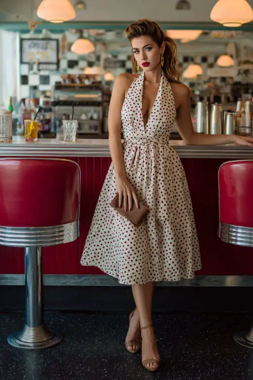 A woman wearing a retro halter-neck dress with a full skirt and cinched waist, styled with peep-toe heels and a clutch, standing in a vintage diner-style background