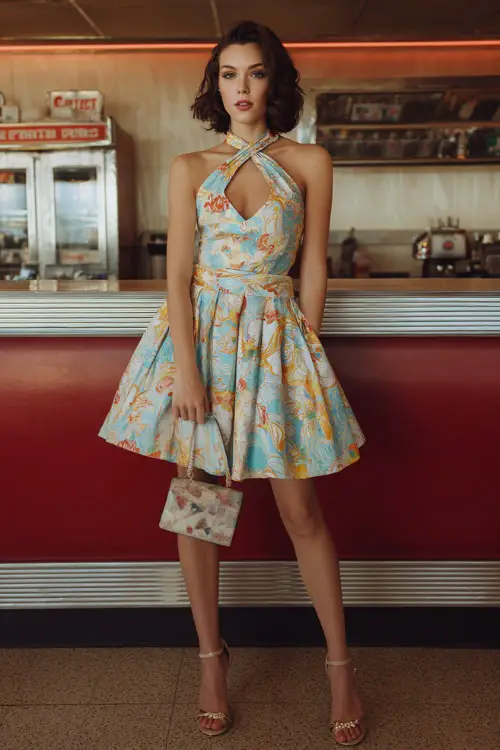 A woman wearing a retro halter-neck dress with a full skirt and cinched waist, styled with peep-toe heels and a clutch