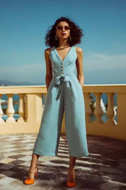 A woman wearing a retro-inspired jumpsuit with a defined waist and wide legs, styled with heeled sandals and bold accessories, standing on a sunlit terrace 