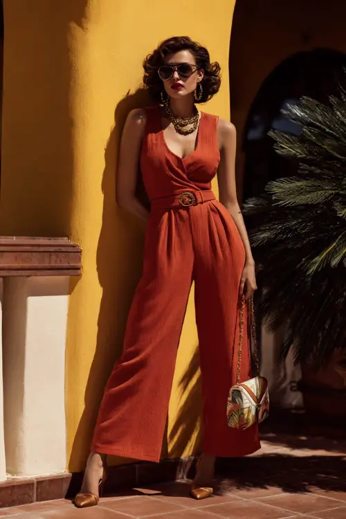 A woman wearing a retro-inspired jumpsuit with a defined waist and wide legs, styled with heeled sandals and bold accessories, standing on a sunlit terrace